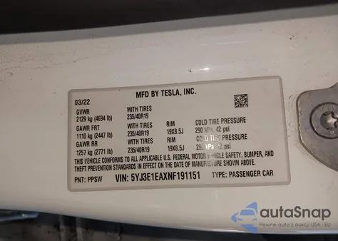 2022 Tesla Model 3 Rear-Wheel Drive z USA, uszkodzony, nr VIN 5YJ3E1EAXNF191151